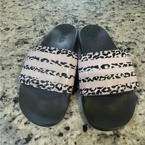 Adidas Women's Black and Pink Leopard Slide Sandals